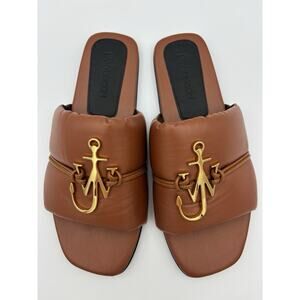 JW Anderson Anchor Logo Slides Flat Sandals Brown Leather Size 38.5 / 8 Gold